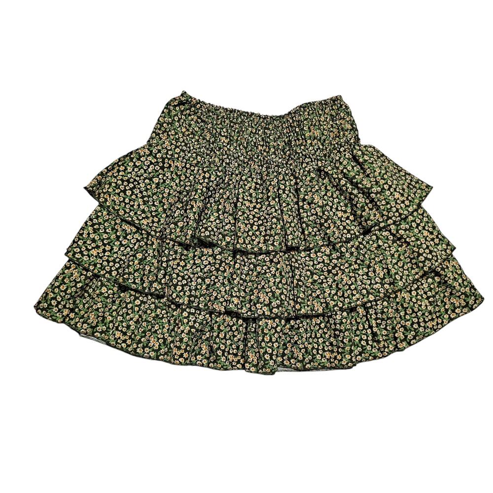 Women's Small Green Floral Ruffled A-Line Mini Skirt Elastic Waist Stretch